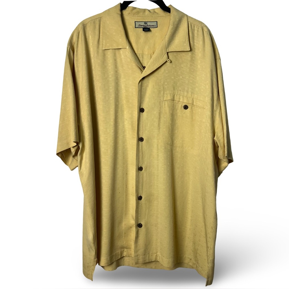 Tommy Bahama Silk Shirt Embroidered Hula Girl Back‎ Yellow Sz. L